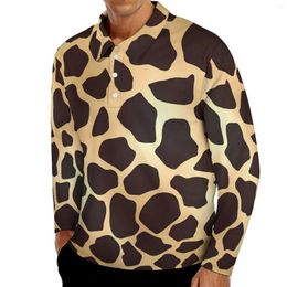 Men's Polos Giraffe Animal Print Casual T-Shirts Male Gold Brown Long Sleeve Polo Shirts Turn-Down Collar Retro Daily Design Shirt 4XL 5XL