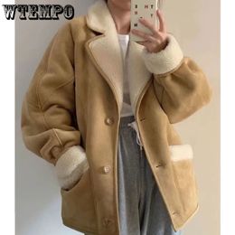 Women's Jackets WTEMPO Fashion Lamb Wool Leather Jacket for Women Elegant Lapel Thicken Warm Overcoat Chic Suede Short Coat Lambskin Outwear 230829