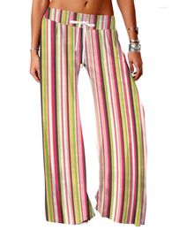 Women's Pants Wide Leg Full Length Colourful Vertical Stripe Graphics Print Hipster Casual Summer Streetwear Trousers Women Clothing