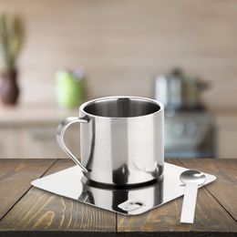 Mugs Household Stainless Steel Coffee Tea Cup With Saucer Spoon Double Wall Cold Drinks Thermal Latte Cappuccino Milk 230829