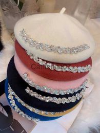 Stingy Brim Hats Women Berets Winter Wool Hats Luxury Crystal Decoration Fashion Warm Beanie Hats Women Solid Adult Bonnet Cap For Girls J230829