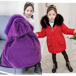 Jackets Lining Plush Winter Keep Warm Girls Jacket 3-12 Years Old Thick Big Fur Collar Heavy Cotton Hooded Coat For Child Kids Outerwear