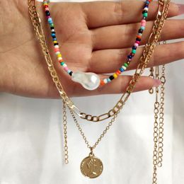 Pendant Necklaces Vintage Irregular Pearl Beaded Necklace Women Colorful Acrylic Bead Strand Portrait Coin Multilayered