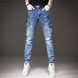 Mens Light Luxury Street Fashion Moto Biker Blue Jeans Wear-proof Trendy Style Denim Pants Slim-fit Zipper Decors Casual Jeans HKD230829