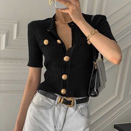 Runway Korean Chic Women's Clothes Cardigan Summer Elegant O-neck Big Button Design Slim Female Short Knitting Top Tees HKD230829