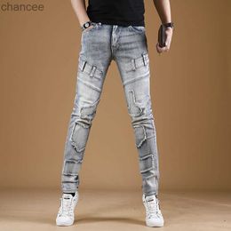 Mens Light Luxury Street Fashion Moto Biker Jeans Wear-proof Retro Style Patchwork Jeans Pants Slim-fit Trendy Casual Jeans; HKD230829