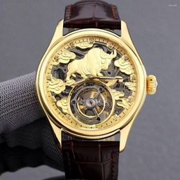 Wristwatches SEAKOSS 42mm Men Tourbillon Watches Genuine Leather Mechanical Waterproof Hand Wind Wristwatch High-end Golden Skeleton Cow