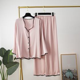 Women's Sleepwear Pink Long Sleeve Pyjamas Set Women Satin 2PCS Silky Pijamas Suit Femme Loungewear Loose Shirt&Pants Trousers