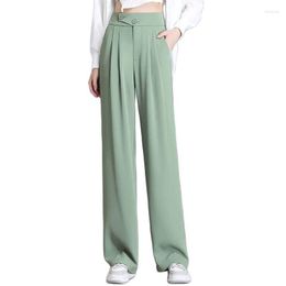 Women's Pants Fashion Green Wide-Leg Trousers Summer 2 Buttons Thin Ice Silk Chiffon Straight Casual Suit Female