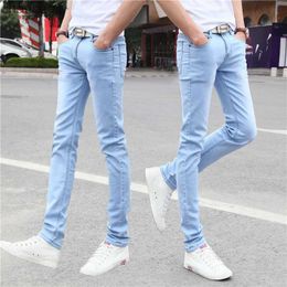 Men's Summer Stretch Straight Jeans Korean Fashion Slim Fit Small Foot Tight Baggy Jeans For Men Elastic Waist Denim Pants HKD230829