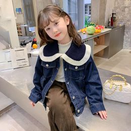 Jackets Korean Style Knit Ruffles Neck Girl's Short Denim Jacket Kids Sweet Retro Jean Coat Long Sleeve Cowboy Outwear Child Tops XMP124