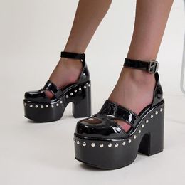 Dress Shoes 13.5CM Rivet Black Gothic Style Women Heeled Chunky Heels INS Cool Summer Goth Platform Pumps Woman Two-Piece Big Size