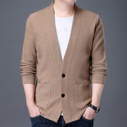 Mens Sweaters High Quality Cardigan Autumn Long Sleeve Knit Coat with Pockets Male Two Buttons Sweater VNeck Slim Fit 230828