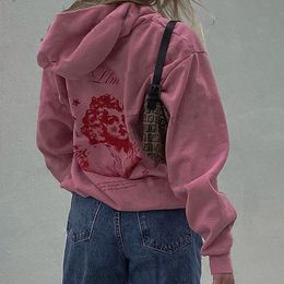 Womens Hoodies Sweatshirts Y2k Women Jacket Coat Harajuku Pink Print Sweatshirt Zip Up Hoodie Punk Vintage Winter Tops 230828