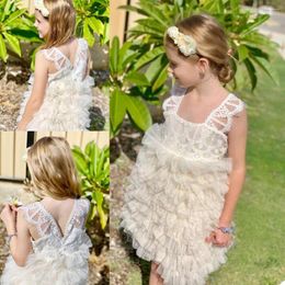 Girl Dresses Princess Flower Girls' Square Neck Appliques Lace Tiered Kids Formal Wear Custom Made Knee Length First Communion Gowns