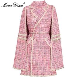 Womens Wool Blends MoaaYina Fashion Designer Autumn Winter Pink T Outerwear Turndown Collar Sashes cloak Overcoat coat 230828