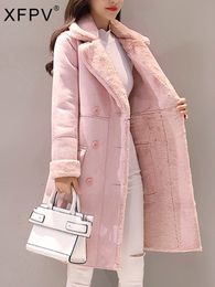 Womens Wool Blends XFPV Light Pink Lamb Fur Long Woolen Coat Korea Thickened Cashmere Sleeve Loose Fit Women Fashion Winter SM4120 230828