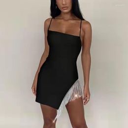 Casual Dresses Sexy Fashion Black Sleeveless Evening Party Women Summer Slash Neck Tassel Slim Ladies Short Dress Vestido 27880