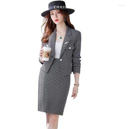 Two Piece Dress Elegant Black White Ladies Plaid Skirt Suit Women Female Long Sleeve Formal Set For Autumn Winter Business Work Wear