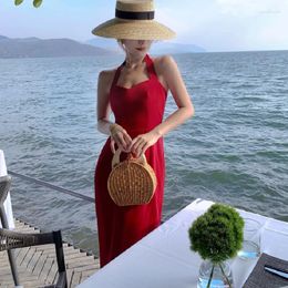 Casual Dresses Summer Women Chic Backless Holiday Sexy Package Hip Female Bohemian Beach Sleeveless Halter One Piece Dress Vestidos