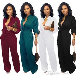 Plus Size S-3XL Jumpsuits Bodysuit 2023 Autumn Fashion Plain Long Sleeve Deep V Neck Button Up Loose Pants Party Club Rompers Women Jumpsuit