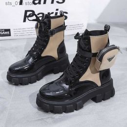 Boots New Botas Women Motorcycle Ankle Boots Wedges Female Lace Up Platforms Spring Black Leather Oxford Shoes Women Botas Mujer Bag T230829