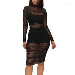 Casual Dresses Female Nightclub Solid Colour Shorts Small Vest Three Piece Slim Fit Women's Clothing Sexy See-through Mesh Pencil