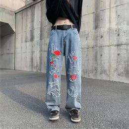 Women's Jeans Letter Rose Embroidery Y2k 90s Casual Loose Wide-Leg Harajuku Women Trousers Old Vintage Couple Style Pants