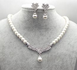 White Gold Plated Cream Faux Glass Pearl and Rhinestone Crystal Wedding Necklace and Earrings Jewellery Sets