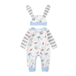 Cartoon Newborn Infant Baby Rabbit Print Jumpsuits Toddle Kids Easter Striped Romper Hat Set for cute baby