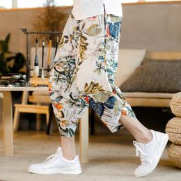 Men's Shorts Men Summer Pants Flower Printing Multiple Pockets Elastic Waist Mid-calf Length Loose Daily Wear Cropped