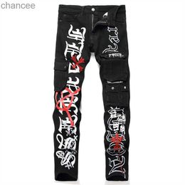 New Punk Style Black Print Jeans Multi-Pocket Stylish Pencil Pants Mid-Waist Casual Street Trend Biker Trousers HKD230829