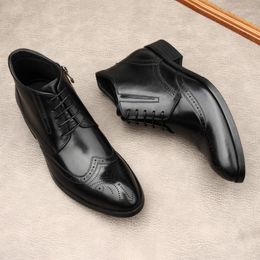 Boots 2023 Mens Brogue Genuine Cow Leather Winter Style Warm Fashion Black Ankle Social Dress Shoes