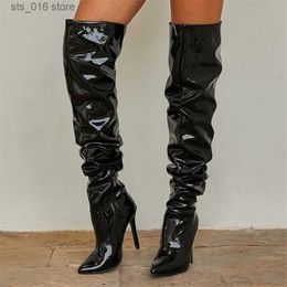 Boots Women Patent Leather Elastic Over The Knee Boots New Female Pointy Thigh High Boots Sexy Slim Black High Heels Party Shoes 35-42 T230829