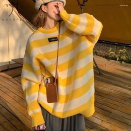 Women's Sweaters Heydress Women Autumn Winter 2023 Loose Pullover Striped Knitted Sweater Korean Fashion Long Sleeve Black Pink Blue Jumper