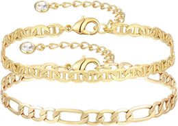 Dainty Layered Gold Chain Bracelet for Women 14K Gold Plated Handmade Adjustable Bracelet Satellite Beads Oval Mariner Figaro Link Chain Bracelets Minimalist Laye