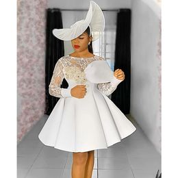 2023 Modest White Sheer Neck Long Sleeves Homecoming Dresses Ruched Satin Mini Prom Evening Gowns Crystal Arabic Formal Party Club Wear 328 328