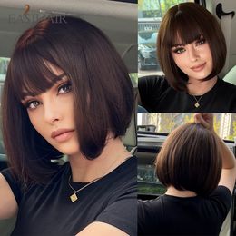 Cosplay Wigs EASIHAIR Brown Black Short Straight Synthetic Wigs with Bangs Women Bob Hair Wigs for Daily Cosplay Natural Heat Resistant Fibre 230828
