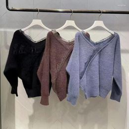 Women's Sweaters Kuzuwata Autumn Winter 2023 Pulls Femme Two Wear Loose Lace Edge Patchwork Pullover Jumpers V-Neck Long Sleeve Knit Sweater