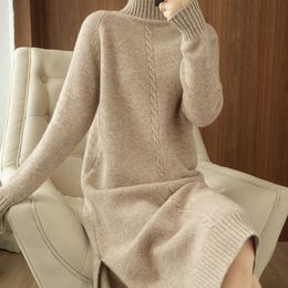 Basic Casual Dresses Thick Dress Warm 100%Wool Long Sweater Women Autumn Winter High-Neck Over-The-Knee Cashmere Knit Dress Large Size Base Shirt 230828