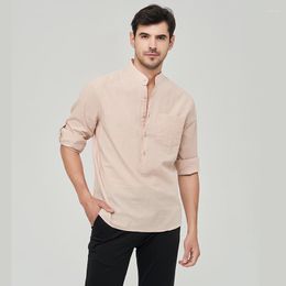 Men's Casual Shirts Cotton Linen For Long-Sleeved Hawaiian Shirt Loose Tops Solid Colour Stand-Up Collar Handsome Men Blouse