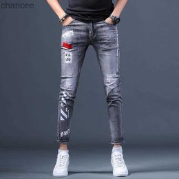 High Quality Mens Ankle-Length Prints Denim Pants Slim-fit Sexy Casual Jeans Street Fashion Noble Grey Jeans Pants; HKD230829