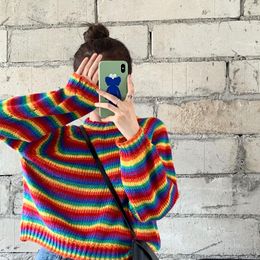 Women's Sweaters Women's Sweaters Japanese Kawaii Ulzzang Rainbow Loose Lazy Wind Long Sleeve Sweater Female Korean Harajuku Clothing For Women 230829