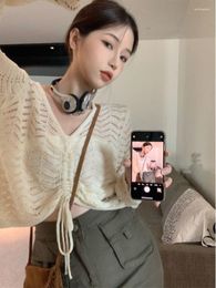 Women's Sweaters Deeptown Korean Fashion Hollow Out Knitted Sweater Women Y2K Harajuku V-neck Long Sleeve Jumper Summer Sunscreen Thin Crop