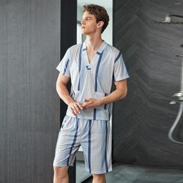 Men's Sleepwear Male Spring And Summer Comfortable Pyjamas Short Sleeve V Neck Top Shorts Printed Breathable Home Clothes Memory Foam H