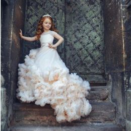 Girl Dresses Gorgeous Off Shoulder Champagne Lace Court Train Flower For Wedding Sleeveless Princess First Communion White Ball