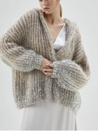 Women s Knits Tee Sequin Knit Hooded Cardigan Mohair Blends Loose Temperament 2023 Autumn Ladies Long Sleeve Sweater Coat 230829