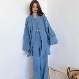 Womens Sleepwear Japanese Kimono Set 100% Cotton Bathrobe Sexy Pyjamas Twopiece Loose Sweat Steaming Suit Home Service Fashion 230828