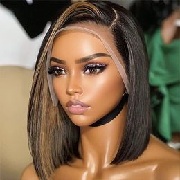 13x4 Glueless Frontal Undetectable Lace Blonde Highlight Bob Short Human Hair Trendy Style Ready Pre Cut Wig for Women