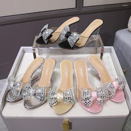 Slippers Sweet Rhinestone Party High Heels Bow Tie Outside Women Summer 2023 Transparent Crystal Shoes 8 CM Wedges Sandals